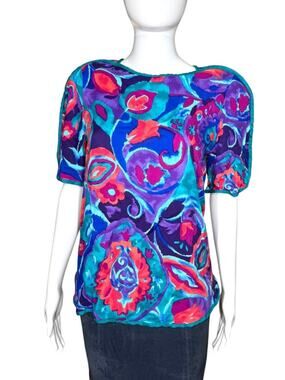 Jeanne Marc Vintage Retro 80s Colorful Vibrant Satin Patterned Blouse Sz Small